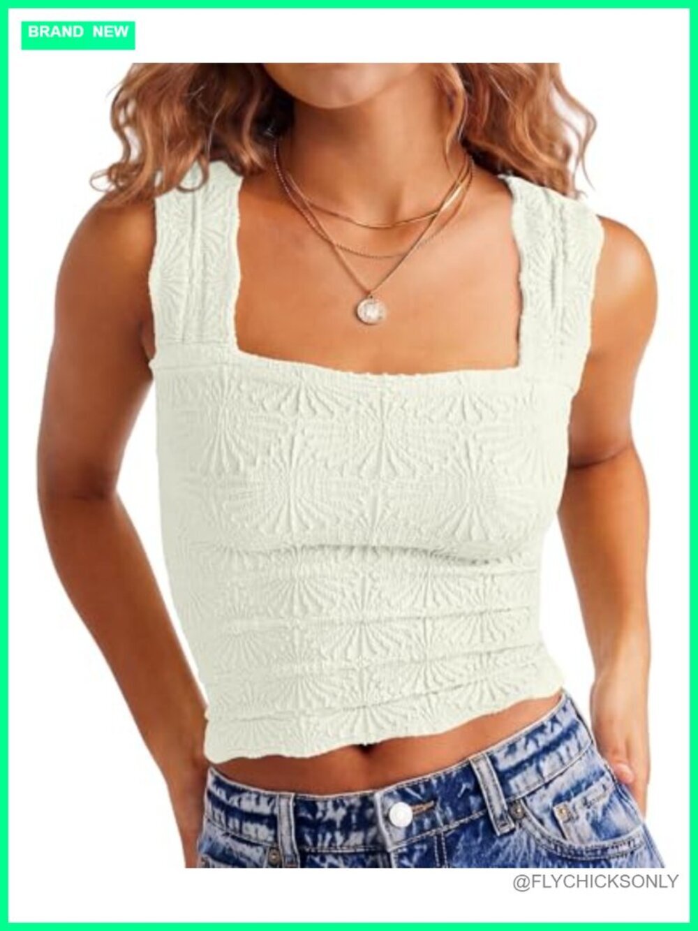 Crop Tank Top Square Neck Wide Strap Slim Fit Floral Lettuce Trim Cami